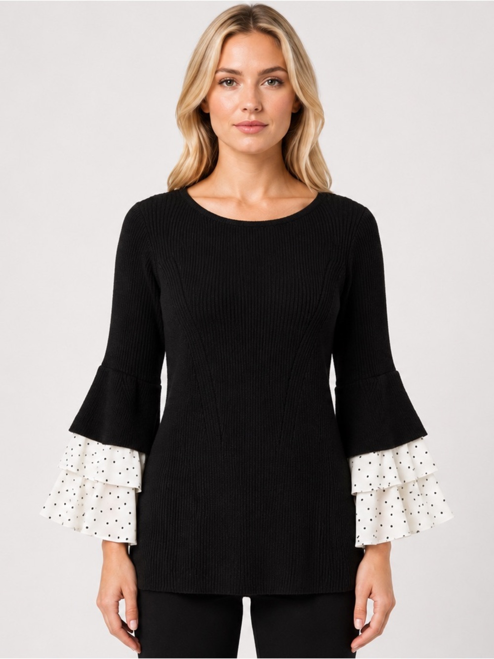 Design History Ethelda Ruffle Polka Dot Bell Sleeve Sweater Black Size Large
